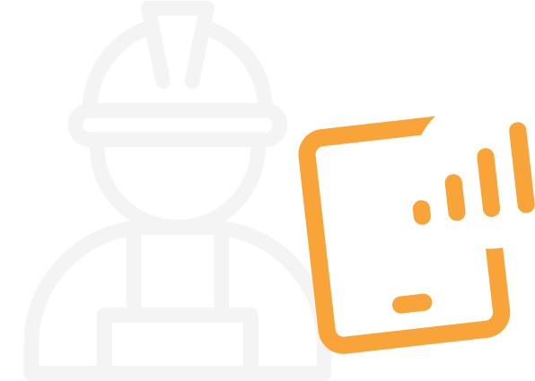 Icon illustrating an inspection worker with helmet and a tablet device showing data.