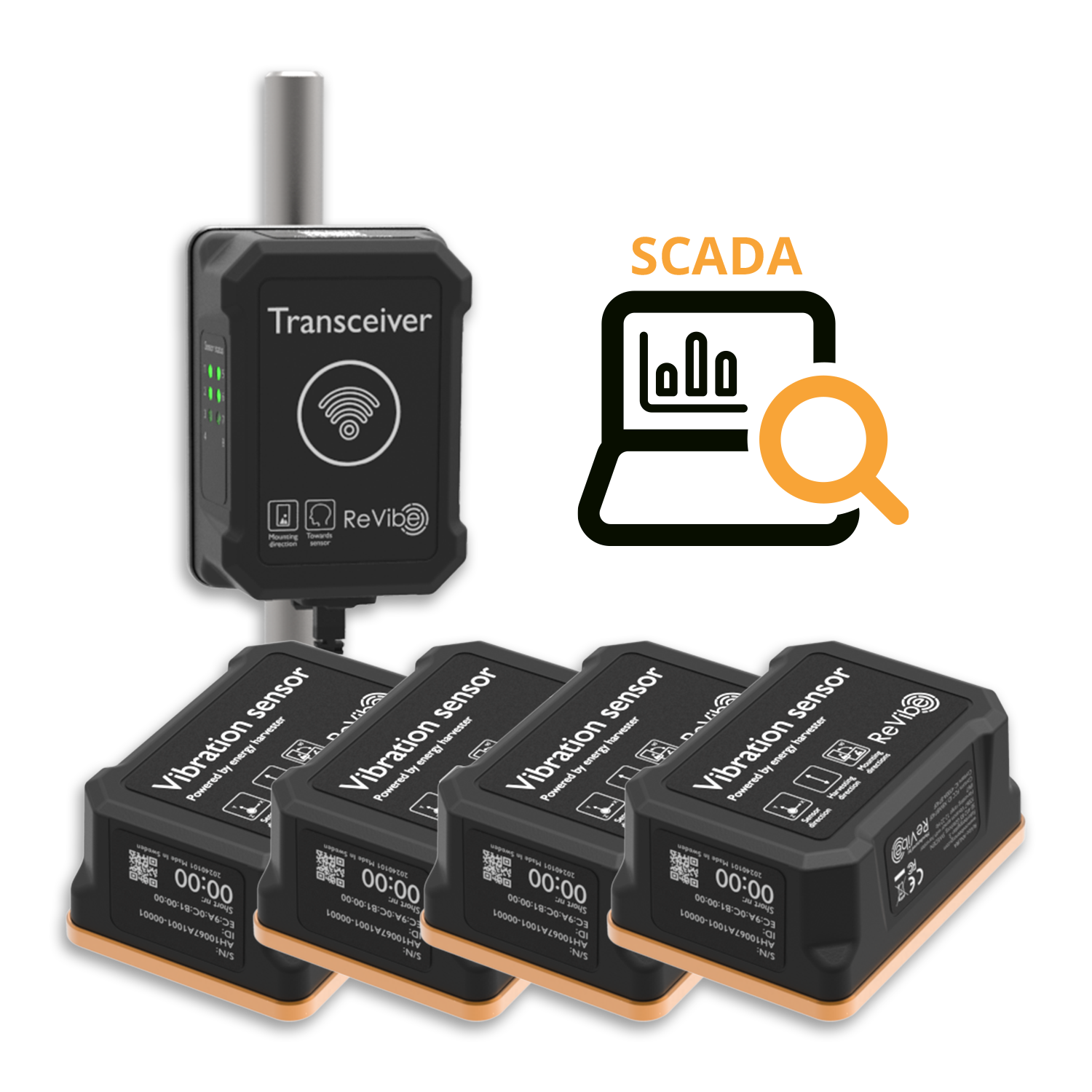 The ReVibe Anura Orange family consisting of VS1 sensors and transceiver, illustrating a SCADA connection.