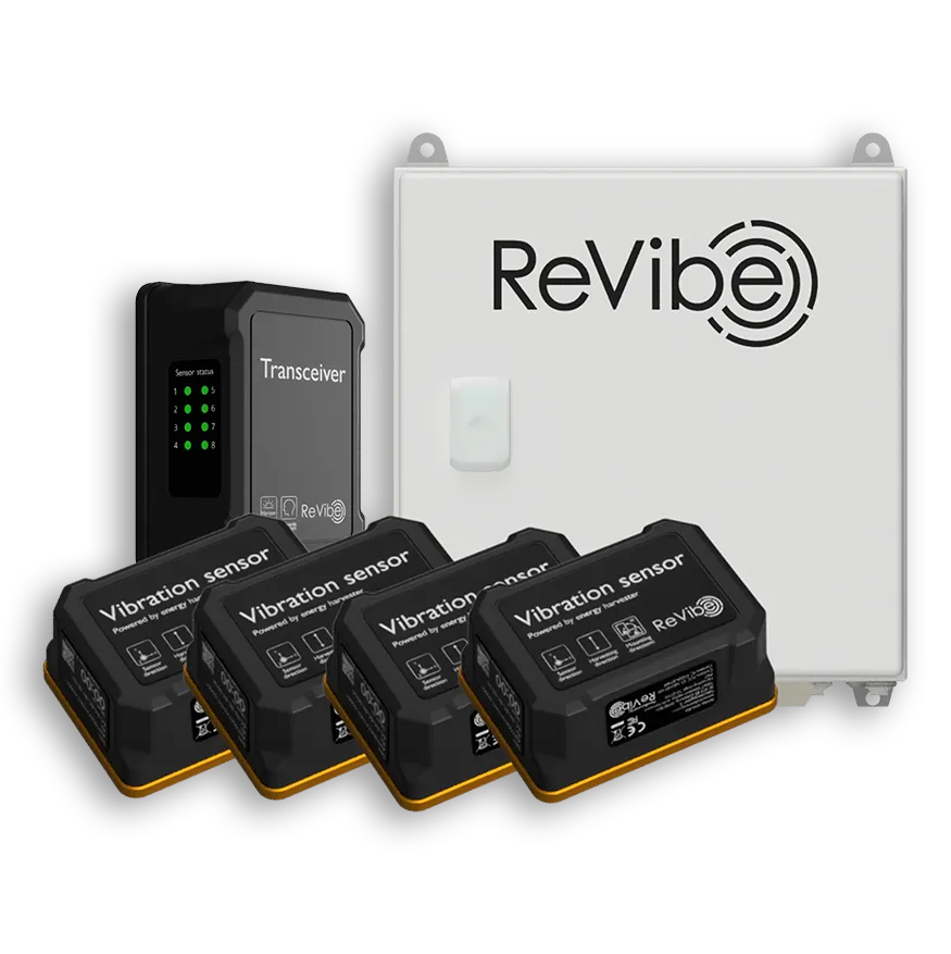 The ReVibe Anura Orange family consisting of VS1 sensors, transceiver and a gateway.