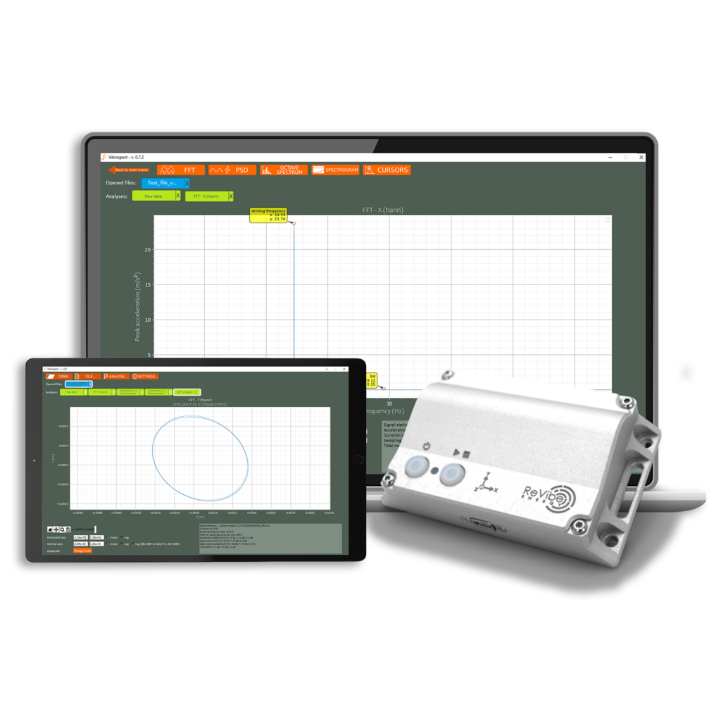 The ReLog kit including the Reloger and the VibInspect software as shown in a tablet and laptop.