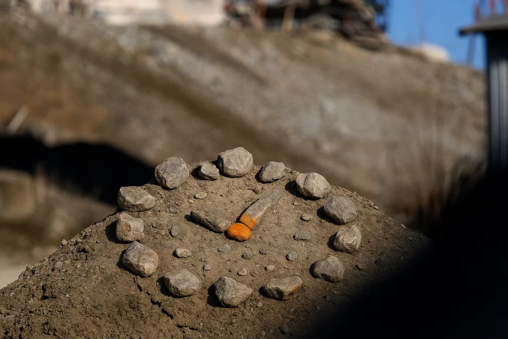 Stones laid out on a pile of dirt forming a clock/watch with orange-colored stones in the middle.