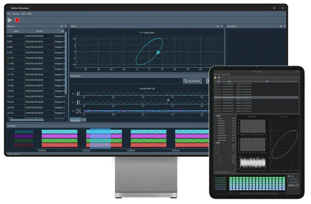 A desktop screen and a tablet with Revibe's Vibreshark software